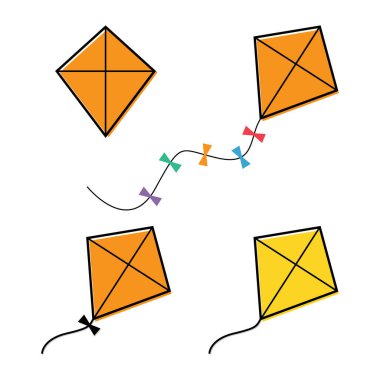 Uçurtma simgesi seti, hobi açık hava aktivite sembolü, rüzgar hava oyunu çizimi .