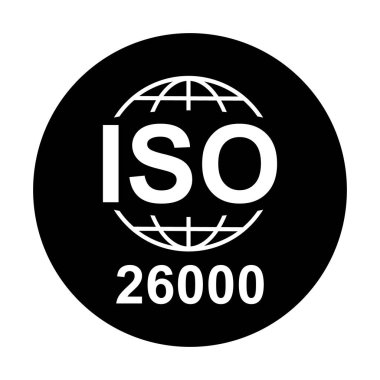 Iso 26000 ikonu. Sosyal Sorumluluk. Standart kalite sembolü. Siyah arkaplanda vektör düğmesi işareti izole edildi .