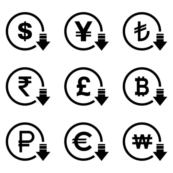 Kostnadsminskning Minska Dollar Euroikonen Vektor Symbol Bild Isolerad Bakgrunden — Stock vektor