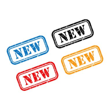 Yeni pul sembolü seti, etiket etiketi işaret düğmesi, metin sancak vektör illüstrasyonu .