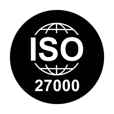 Iso 27000 ikonu. Bilgi Güvenlik Yönetim Sistemi. Standart kalite sembolü. Beyaz arkaplanda vektör düğmesi işareti izole edildi .