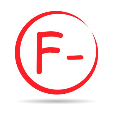 Grade result F minus with shadow. Hand drawn icon in red color. Test exam mark report vector illustration .