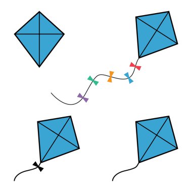 Uçurtma simgesi seti, hobi açık hava aktivite sembolü, rüzgar hava oyunu çizimi .
