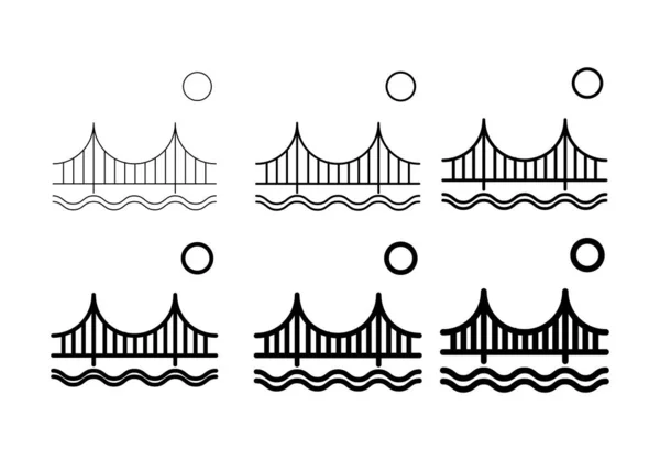 Set Silhouette Bridge Icon Urban Architecture Design Travel Line Construction — Vettoriale Stock