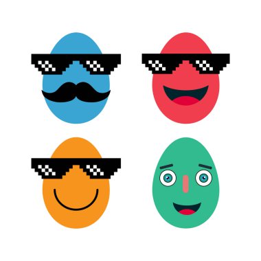 Güneş gözlüklü mutlu paskalya yumurtaları, nisan bayramı kutlaması, hediye vektör illüstrasyonları. .