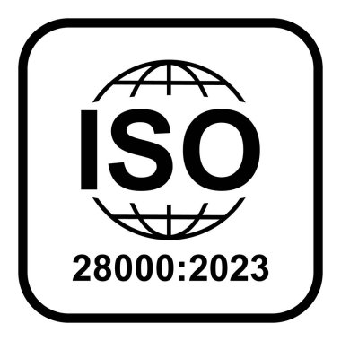 Iso 28000 2023 icon. Security Management Systems. Standard quality symbol. Vector button sign isolated on black background .