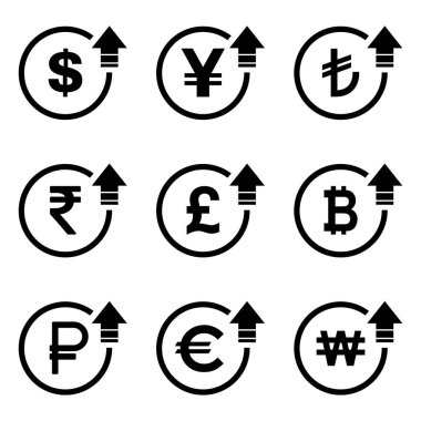 Cost symbol dollar euro increase icon. Income vector symbol image isolated on background .