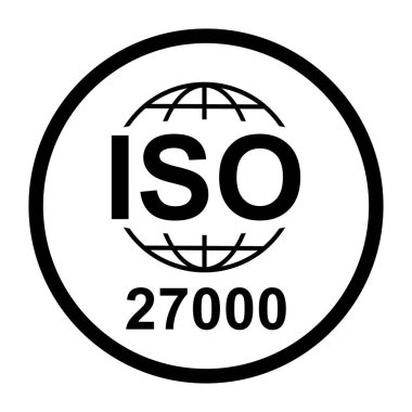 Iso 27000 ikonu. Bilgi Güvenlik Yönetim Sistemi. Standart kalite sembolü. Beyaz arkaplanda vektör düğmesi işareti izole edildi .
