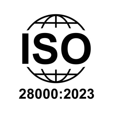Iso 28000 2023 icon. Security Management Systems. Standard quality symbol. Vector button sign isolated on black background .