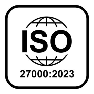 Iso 27000 ikonu. Bilgi Güvenlik Yönetim Sistemi. Standart kalite sembolü. Siyah arkaplanda vektör düğmesi işareti izole edildi .