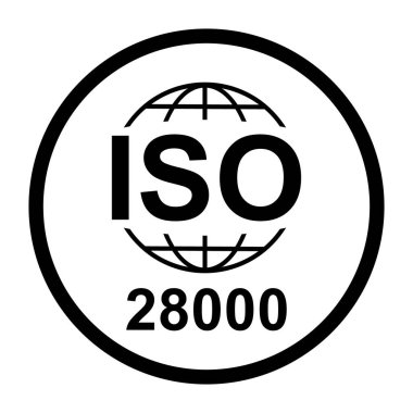 Iso 28 bin ikon. Güvenlik Yönetim Sistemleri. Standart kalite sembolü. Beyaz arkaplanda vektör düğmesi işareti izole edildi .