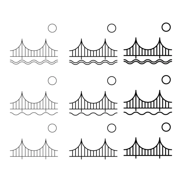 Set Silhouette Bridge Icon Urban Architecture Design Travel Line Construction — Stockvektor