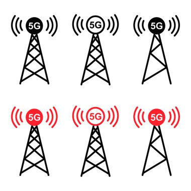 Sinyal kulesi simgesi seti, kablosuz teknoloji ağı işareti, anten radyo vektör illüstrasyonu .