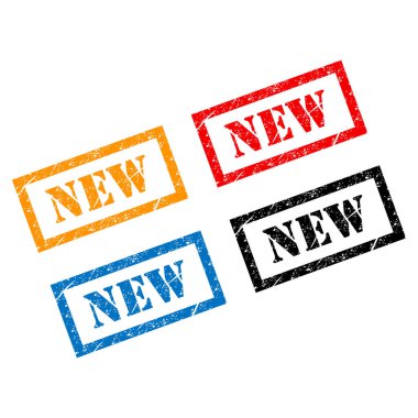 Yeni pul sembolü seti, etiket etiketi işaret düğmesi, metin sancak vektör illüstrasyonu .