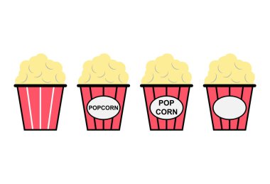Popcorn yiyecek tasarım simgesi seti, web kutusu abur cubur düz vektör illüstrasyon ögesi .