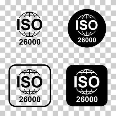 Iso 26000 ikonu. Sosyal Sorumluluk. Standart kalite sembolü. Beyaz arkaplanda vektör düğmesi işareti izole edildi .