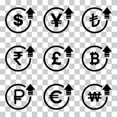 Cost symbol dollar euro increase icon. Income vector symbol image isolated on background .