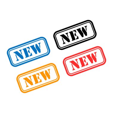 Yeni pul sembolü seti, etiket etiketi işaret düğmesi, metin sancak vektör illüstrasyonu .