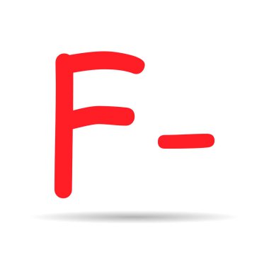 Grade result F minus with shadow. Hand drawn icon in red color. Test exam mark report vector illustration .