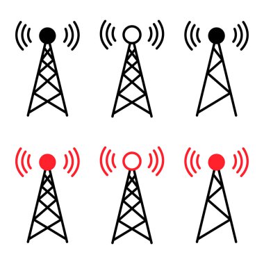 Sinyal kulesi simgesi seti, kablosuz teknoloji ağı işareti, anten radyo vektör illüstrasyonu .