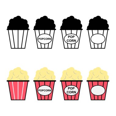 Popcorn yiyecek tasarım simgesi seti, web kutusu abur cubur düz vektör illüstrasyon ögesi .