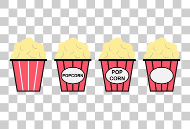 Popcorn yiyecek tasarım simgesi seti, web kutusu abur cubur düz vektör illüstrasyon ögesi .