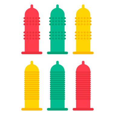 Prezervatif simgesi seti, sağlık koruma kauçuk sembolü, önleme ağ tasarım vektör illüstrasyonu .