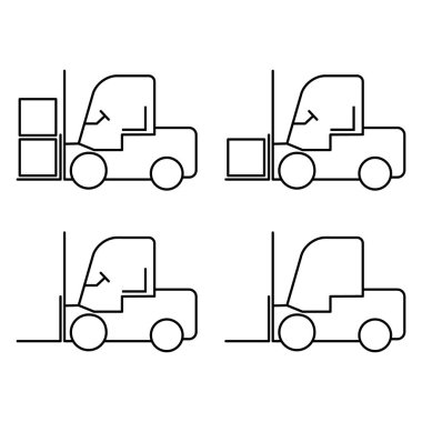 Forklift taşıma simgesi seti, endüstri aracı makine sembolü, çatal kamyon depo vektör çizimi .