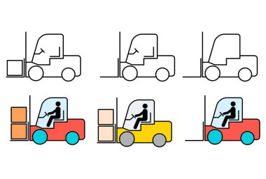 Forklift taşıma simgesi seti, endüstri aracı makine sembolü, çatal kamyon depo vektör çizimi .