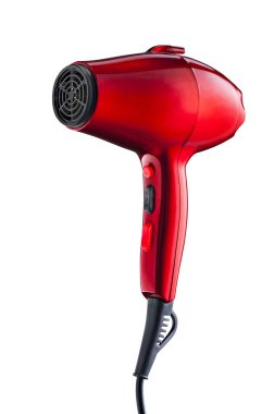 Modern kırmızı saç kurutma makinesi, izole.