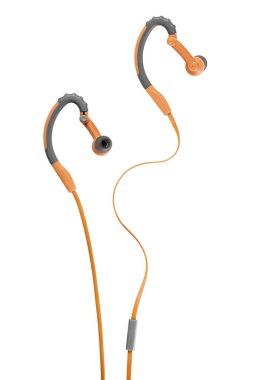 Modern turuncu kulaklıkların ön ve arka görüntüsü, izole edilmiş.