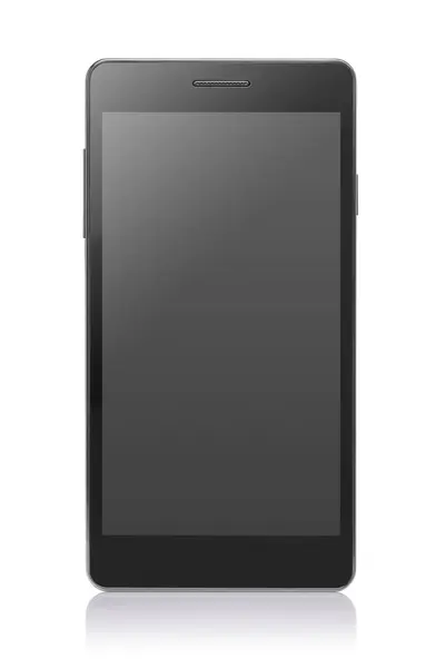 Siyah dikdörtgen cep telefonunun ön görüntüsü. Altında yansıma olan beyaz arkaplan ekranı kapalı.