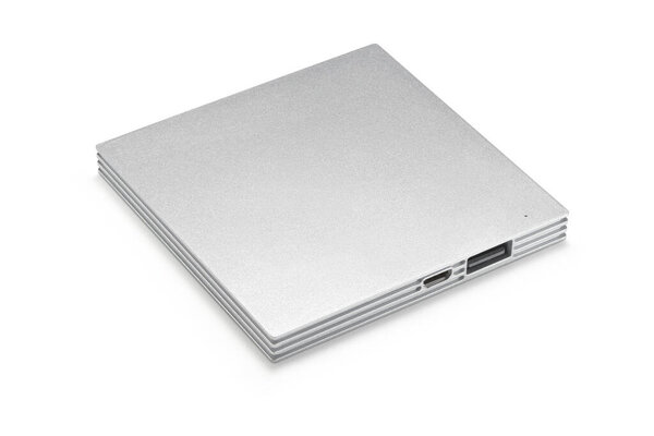 Three quarter view of modern square silver powerbank, isolated on white