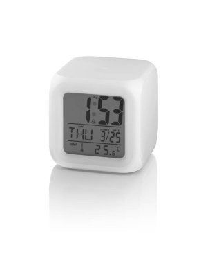 Küp şeklindeki lamba, saati, tarihi ve sıcaklığı gösteriyor, izole.