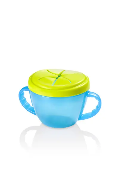 Fun Blue Green Cup Childproof Lid Two Handles Isolated — Stock Photo, Image