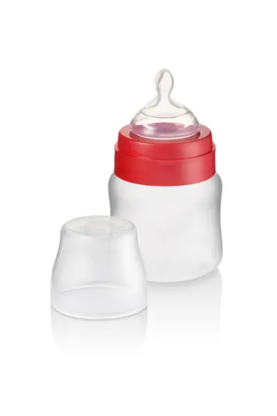 Small Baby Bottle Red Ring Cap Aside Isolated — Stock Photo, Image