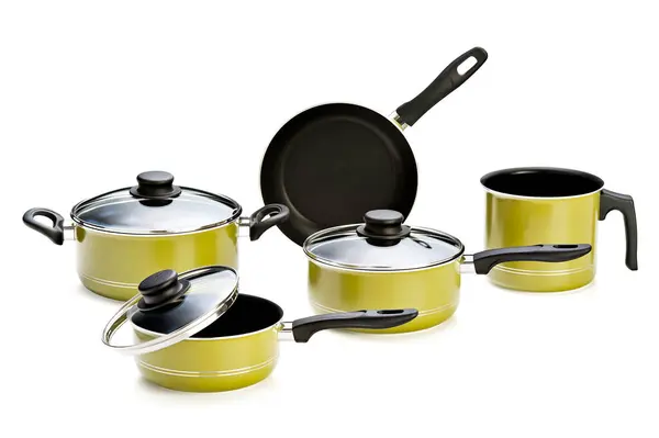 Kablo metal ve cam kapaklı, beyaz arkaplanda izole edilmiş yapışmaz tava.