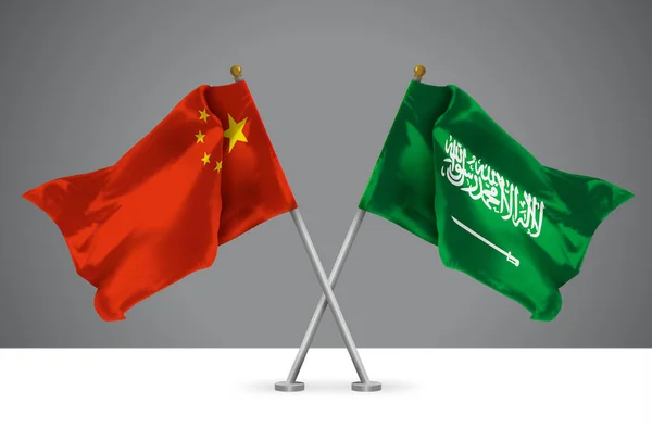 Zwei Wehende Flaggen Chinas Und Des Königreichs Saudi Arabien Zeichen — Stockfoto