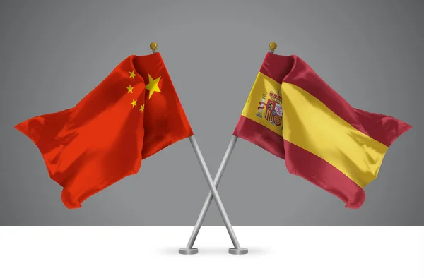 Zwei Wehende Flaggen Von China Und Spanien Zeichen Der Chinesischen — Stockfoto