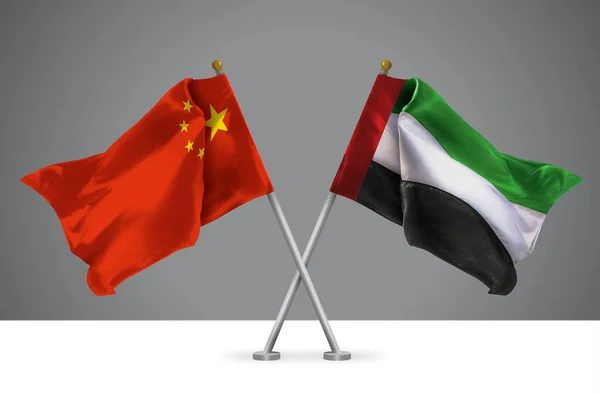 Zwei Wehende Flaggen Von China Und Den Vereinigten Arabischen Emiraten — Stockfoto