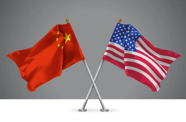 Zwei Wehende Flaggen Von China Und Den Vereinigten Staaten Von — Stockfoto