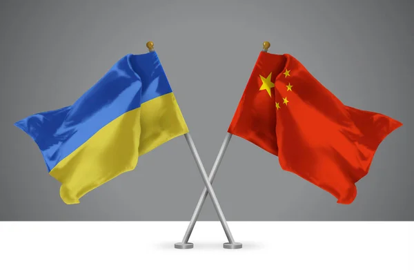 Zwei Wehende Flaggen Von China Und Der Ukraine Zeichen Der — Stockfoto