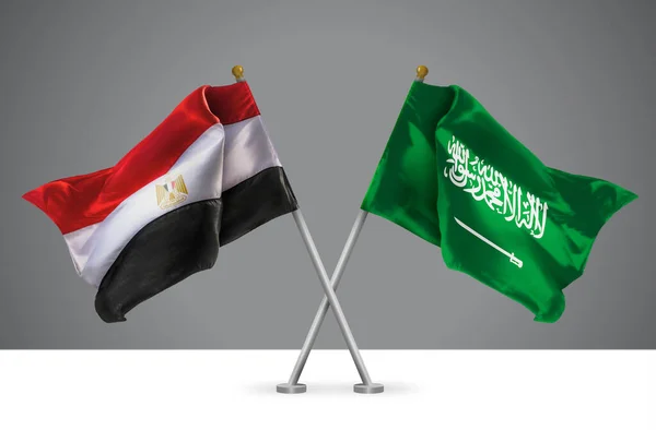 Dwie Flagi Skrzyżowane Wavy Egipcie Królestwie Arabii Saudyjskiej Znak Stosunków — Zdjęcie stockowe