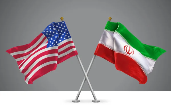 美利坚合众国和伊朗两面波威十字旗 美国和伊朗关系的标志 — 图库照片
