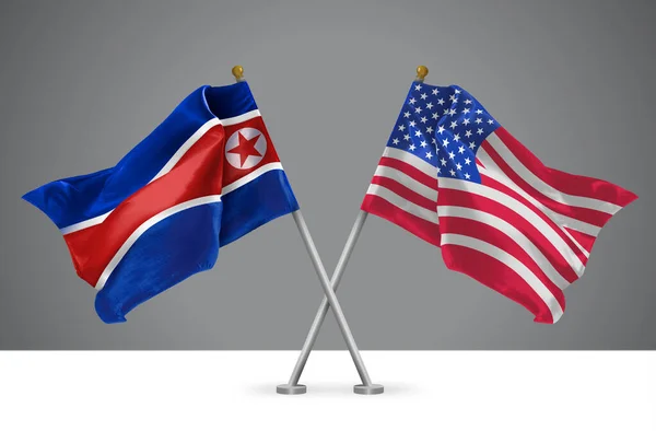 美利坚合众国和北朝鲜两面波威旗 美国和北朝鲜关系的标志 — 图库照片