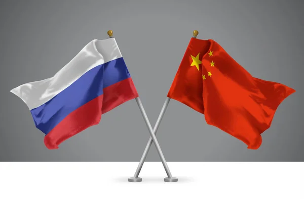 Two Wavy Crossed Flags China Russia Sign Chinese Russian Relationships — Stock Photo, Image