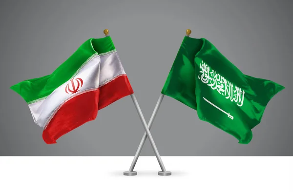 两面横幅伊朗和沙特阿拉伯王国旗帜的三维图解 伊朗和沙特关系的标志 — 图库照片