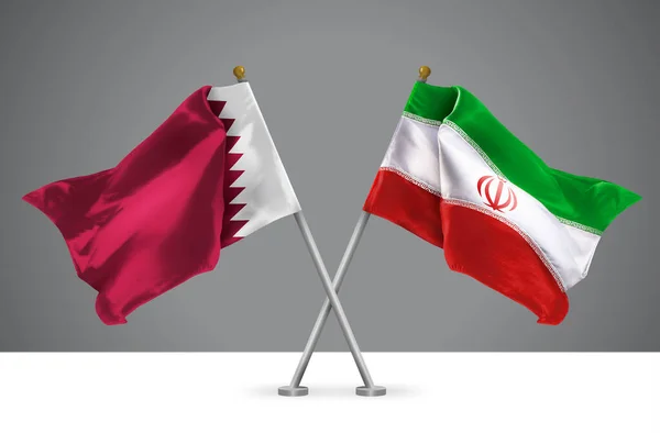 两面横幅伊朗和卡塔尔横幅的三维图解 伊朗和卡塔尔关系的标志 — 图库照片