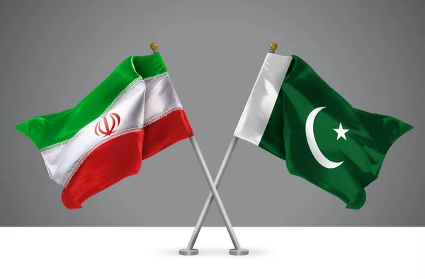 两面横幅伊朗和巴基斯坦横幅的三维图解 伊朗和巴基斯坦关系的标志 — 图库照片