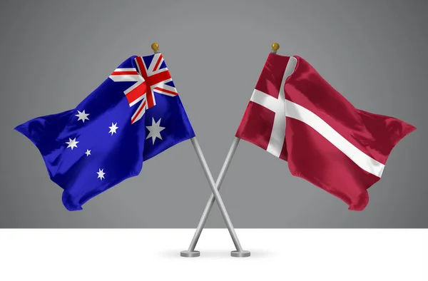Illustrazione Due Bandiere Ondulate Incrociate Australia Danimarca Segno Relazioni Australiane — Foto Stock